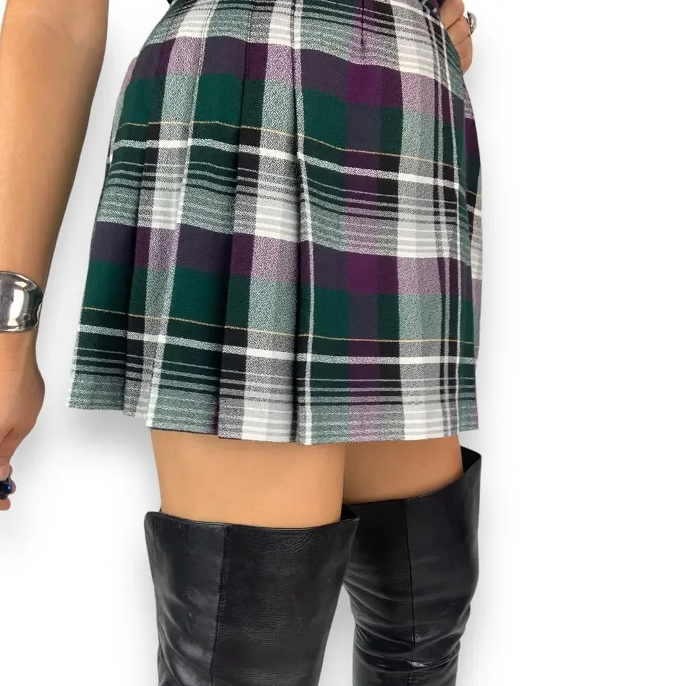 90's SHE SAID purple green pleated plaid school girl mini skirt - Picture 10 of 13